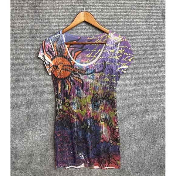 Source Unknown Tops - Y2K Sequin Graphic T-Shirt Purple Sun Floral Script Print Short Sleeve Top S